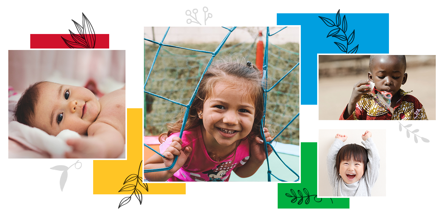 Smiling child photos of baby on back, little girl, little boy blowing bubbles, and toddler with hands up over bright squares