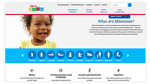 Main developmental milestones web page from Help Me Grow Minnesota with smiling toddler