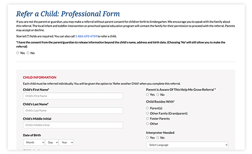 Picture of the Refer a child professional form accessed through Help Me Grow Minnesota’s website